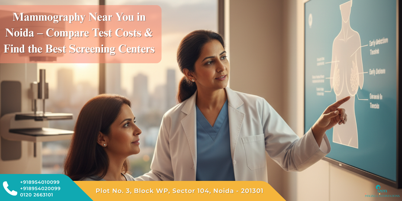 A female doctor at a screening center in Noida explains a mammogram on a screen to a patient, illustrating the process of early breast cancer detection.