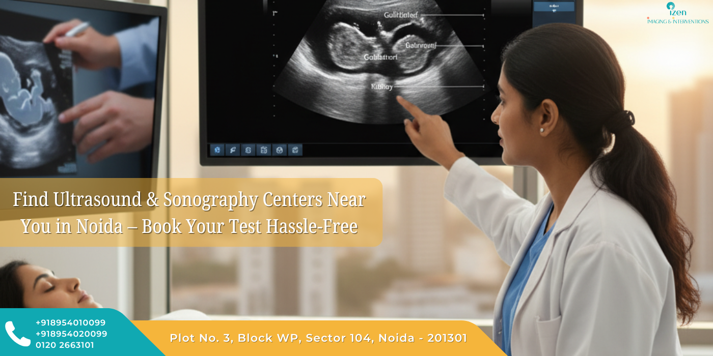 A radiologist at a sonography center in Noida pointing to a detailed fetal ultrasound on a large screen during a pregnancy scan.